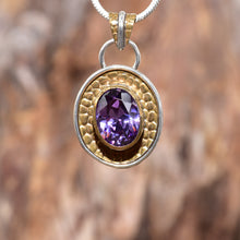 Load image into Gallery viewer, Sparkly amethyst CZ pendant necklace in an original handmade setting of brass and sterling silver. (N126)
