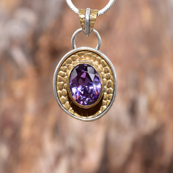 Sparkly amethyst CZ pendant necklace in an original handmade setting of brass and sterling silver. (N126)