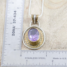 Load image into Gallery viewer, Sparkly amethyst CZ pendant necklace in an original handmade setting of brass and sterling silver. (N126)
