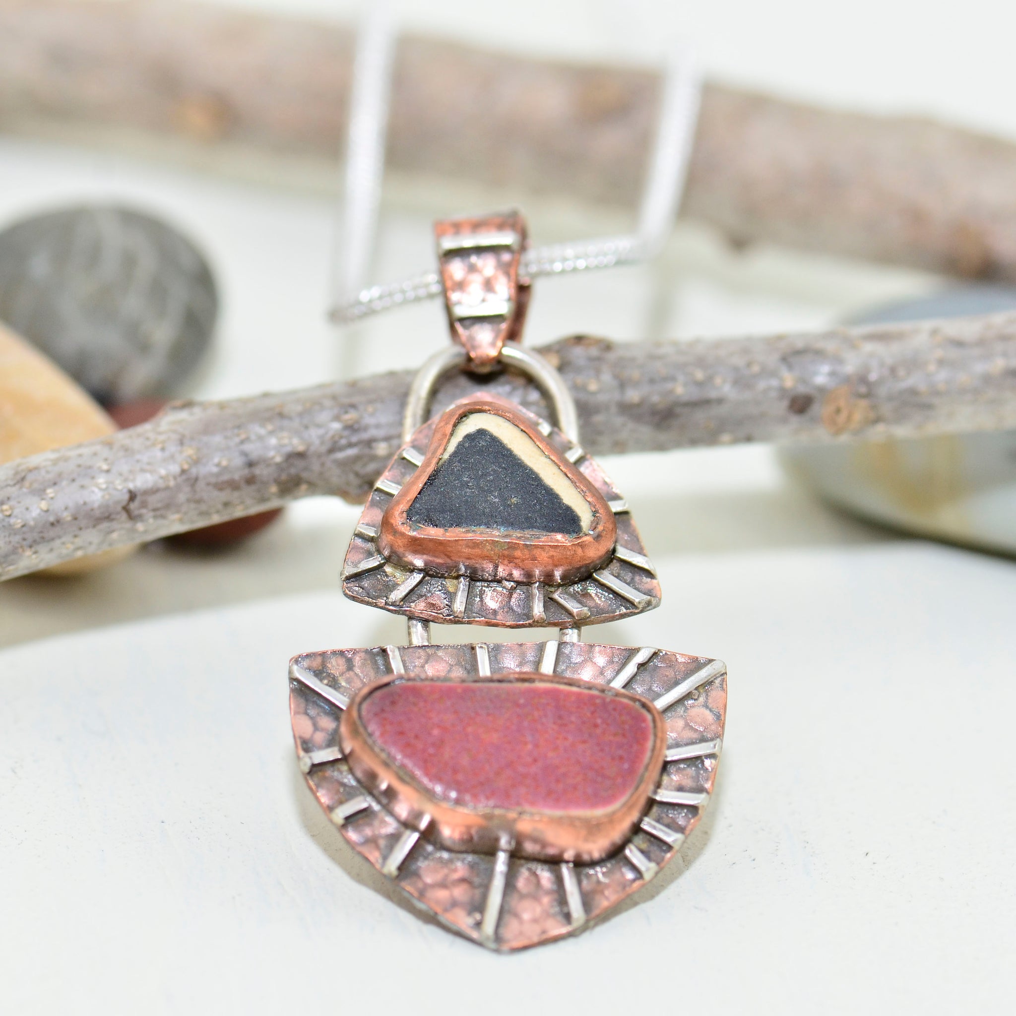 Mixed metal pendant crafted with vintage sea pottery in an setting of –  Cozy Cove Studio