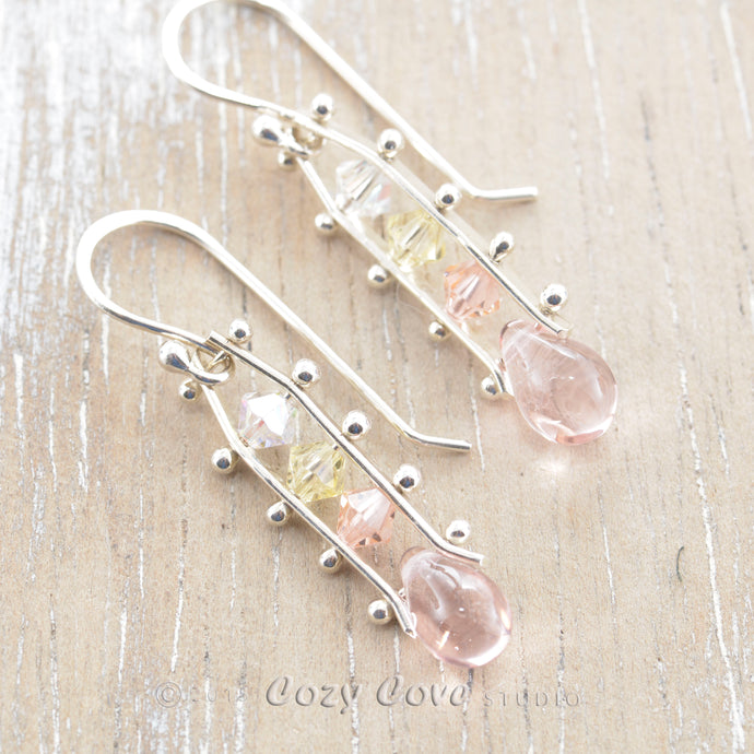 Pink and Yellow Crystal ladder earrings in sterling silver