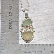 Load image into Gallery viewer, Two piece soft green and yellow sea glass pendant accented with a sparkly peridot in sterling silver. (N386)
