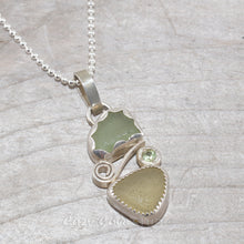 Load image into Gallery viewer, Two piece soft green and yellow sea glass pendant accented with a sparkly peridot in sterling silver. (N386)
