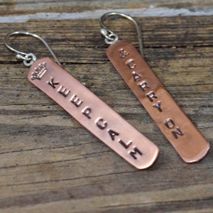 Handstamped "Keep Calm" stick earrings in copper. (E38)