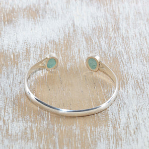 Sea glass cuff bracelet in a hand made sterling silver setting. (B399)