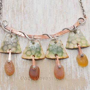 Sea glass and enamel statement necklace in mixed metals of sterling silver and copper (N434)