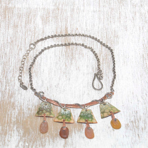 Sea glass and enamel statement necklace in mixed metals of sterling silver and copper (N434)