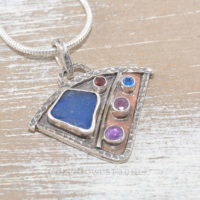 Seaglass pendant necklace in mixed metals of sterling silver and copper (N438)