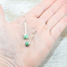 Load image into Gallery viewer, Hand made trapeze earrings capture semi-precious chrysoprase gemstone beads between twists of sterling silver. (E451)
