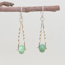 Load image into Gallery viewer, Hand made trapeze earrings capture semi-precious chrysoprase gemstone beads between twists of sterling silver. (E451)
