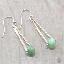 Load image into Gallery viewer, Hand made trapeze earrings capture semi-precious chrysoprase gemstone beads between twists of sterling silver.
