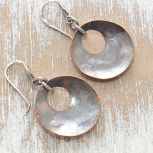 Whimsical handstamped mixed metal earrings of sterling silver and copper. (E453)