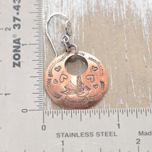 Load image into Gallery viewer, Whimsical handstamped mixed metal earrings of sterling silver and copper. (E453)
