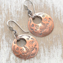 Load image into Gallery viewer, Whimsical handstamped mixed metal earrings of sterling silver and copper.
