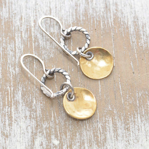 Whimsical handstamped mixed metal earrings of sterling silver and brass. (E454)