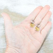 Load image into Gallery viewer, Whimsical handstamped mixed metal earrings of sterling silver and brass. (E454)
