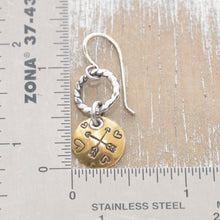 Load image into Gallery viewer, Whimsical handstamped mixed metal earrings of sterling silver and brass. (E454)
