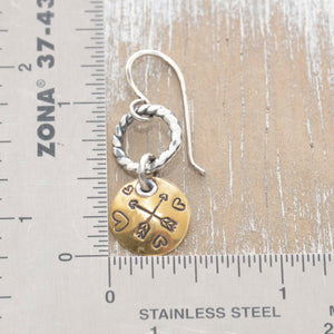 Whimsical handstamped mixed metal earrings of sterling silver and brass. (E454)