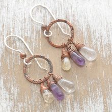 Load image into Gallery viewer, Handmade earrings with semi-precious hand wire wrapped briolette beads in copper. (E457)

