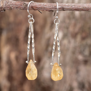 Handmade trapeze earrings with  semi-precious citrine briolettes suspended by sterling silver rivets. (E464)