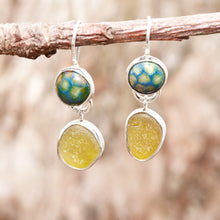 Load image into Gallery viewer, Sea glass and enamel earrings  in sterling silver settings. (E465)
