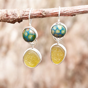 Sea glass and enamel earrings  in sterling silver settings. (E465)