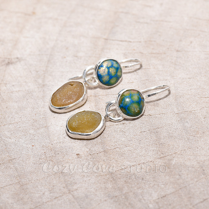 Sea glass and enamel earrings  in sterling silver settings. (E465)