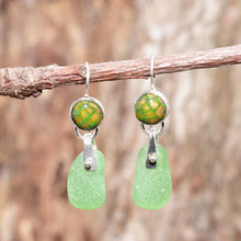 Load image into Gallery viewer, Sea glass and enamel earrings in sterling silver settings. (E466)
