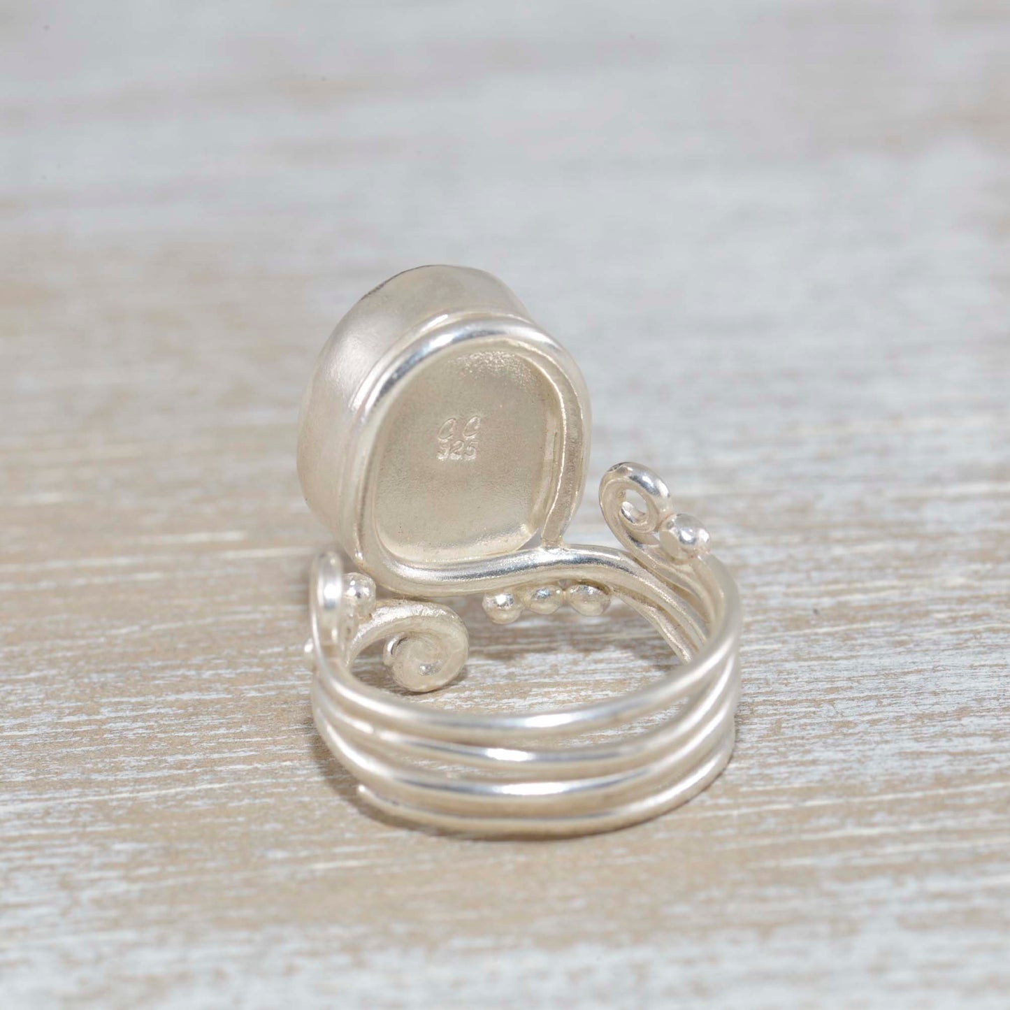 Back of green sea glass ring in sterling silver