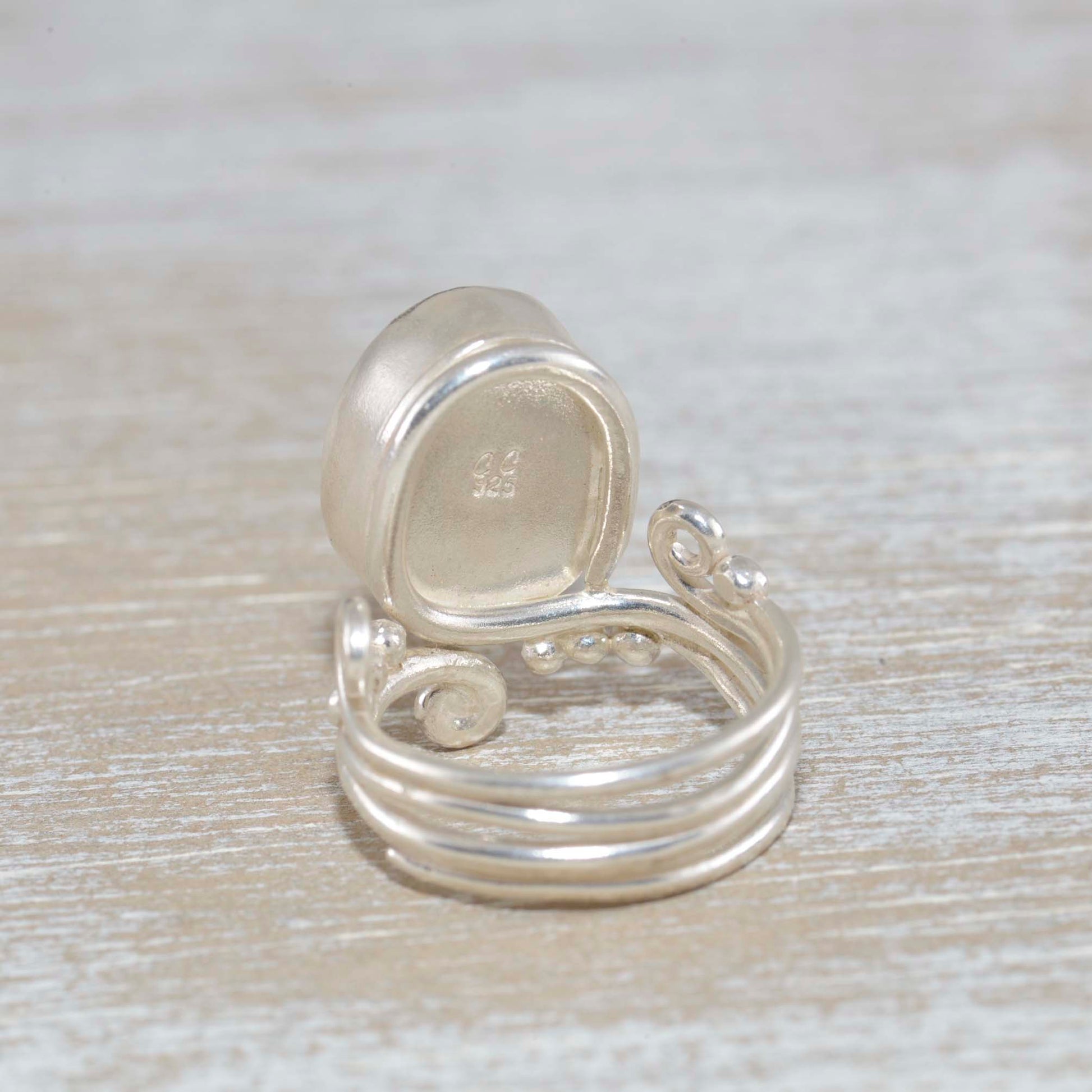 Back of green sea glass ring in sterling silver