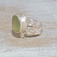 Load image into Gallery viewer, Side of green sea glass ring in sterling silver
