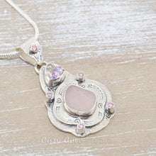 Load image into Gallery viewer, Boho style sea glass pendant with rare pink sea glass in a hand crafted sterling silver setting accented with sparkly CZs. (N511)
