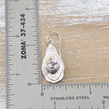 Load image into Gallery viewer, Boho style earrings with sparkly pink and yellow cubic zirconias in handcrafted settings of sterling silver. (E514)

