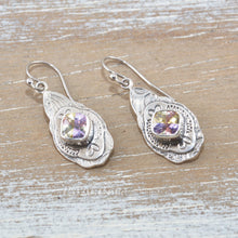 Load image into Gallery viewer, Boho style earrings with sparkly pink and yellow cubic zirconias in handcrafted settings of sterling silver.
