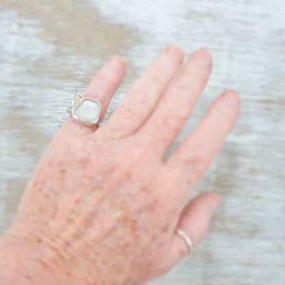 Sea glass ring with accented with sparkly cubic zirconias  in sterling silver. (R531)
