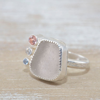 Sea glass ring with accented with sparkly cubic zirconias  in sterling silver. (R531)
