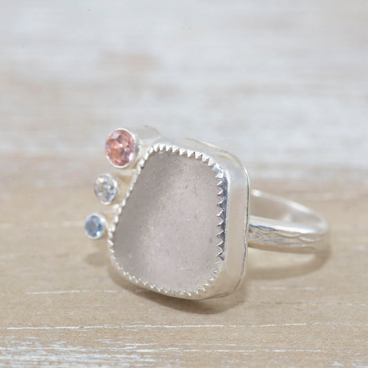Artisan Blush Pink Sea Glass Ring | Genuine Hawaiian Sea Glass | Handmade Sterling Silver | Peach, Clear & Blue Cubic Zirconia | Size 6