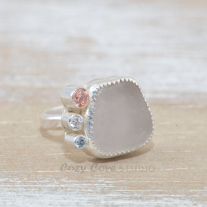 Sea glass ring with accented with sparkly cubic zirconias  in sterling silver. (R531)