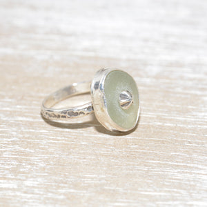 Sea glass ring with a hand crafted stud in a setting of fine and sterling silver. (R563)