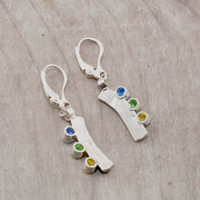 Load image into Gallery viewer, Sparkly dangle earrings with colorful cubic zironias in hand crafted settings of sterling silver. (E583)

