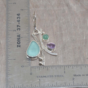 Sea glass and semi-precious stone earrings in hand crafted settings of tarnish resistant sterling silver. (E607)