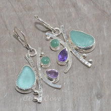 Load image into Gallery viewer, Sea glass and semi-precious stone earrings in hand crafted settings of tarnish resistant sterling silver.
