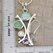 Load image into Gallery viewer, Sea glass statement pendant necklace in a hand crafted setting of tarnish resistant sterling silver accented with semi-precious gemstones. (N608)
