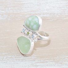 Load image into Gallery viewer, Sea glass and vitreous enamel ring in a hand crafted setting of sterling silver accented with sparkly cubic zirconias. (R614)

