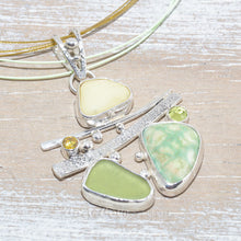 Load image into Gallery viewer, Sea glass and vitreous enamel pendant necklace in a hand crafted setting of sterling silver accented with semi-precious gemstones. (N619)
