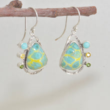 Load image into Gallery viewer, Dangle earrings with enamel cabochons accent with sparkly cubic zirconia in hand crafted sterling silver settings (E624)
