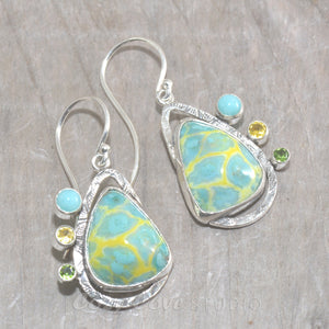 Dangle earrings with enamel cabochons accent with sparkly cubic zirconia in hand crafted sterling silver settings
