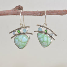 Load image into Gallery viewer, Dangle earrings with enamel cabochons accent with sparkly cubic zirconia in hand crafted sterling silver settings (E625)
