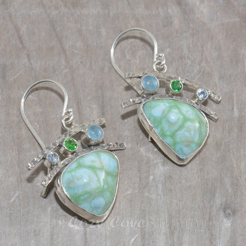 Dangle earrings with enamel cabochons accent with sparkly cubic zirconia in hand crafted sterling silver settings