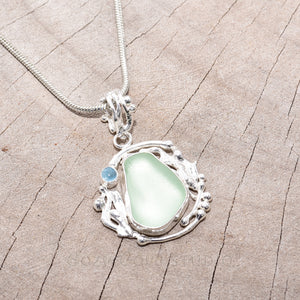 Sea glass and aquamarine necklace  in a hand crafted sterling silver setting. (N633)